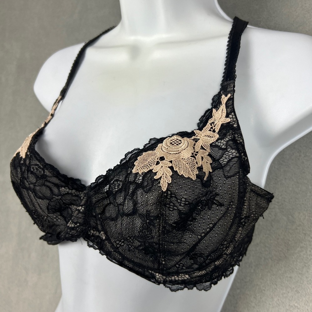Wacoal Black Halo Lace Underwire Bra 38C Floral Sheer Unlined High Drama 85141